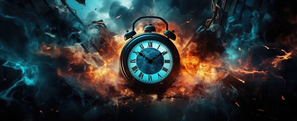 Clock on fire, deadline, time is running out, copy space