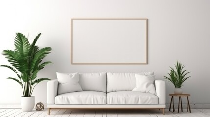 Canvas white sofa mockup modern living room. Interior design in light soft colors. copy space. Generative AI.