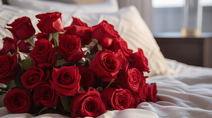 Bouquet of red roses and petals on bed as a sign of love, Valentine's Day - wedding - honeymoon | Generative AI