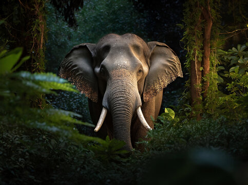The face of an Asian Elephant peaking out of the jungle at night, shallow depth, selective focus. Looking at you. Large Male elephant with Tusks or tushes hiding in the jungle.