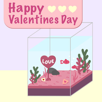 A minimal aquarium with a love theme and a pink hang sign. Vector illustration, shell, aquatic weed, pink fish.