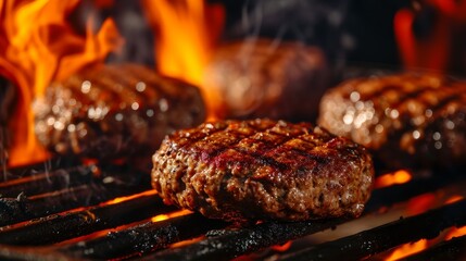 Juicy beef hamburger patties sizzling over hot flames on the barbecue, Grilled On An Outdoor Charcoal Grill With Flames - obrazy, fototapety, plakaty