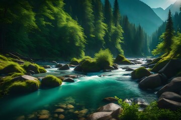 Beautiful view of waterfall in the mountains in green forest.