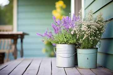 potted lavender and herbs on farmhouse porch, rustic charm - obrazy, fototapety, plakaty