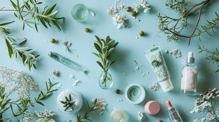 Flat lay composition of skincare products and natural elements on a pastel blue background