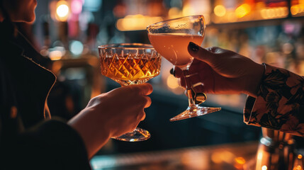 Two hands holding glasses with drinks, set against a backdrop of a bar with glowing neon lights. - obrazy, fototapety, plakaty