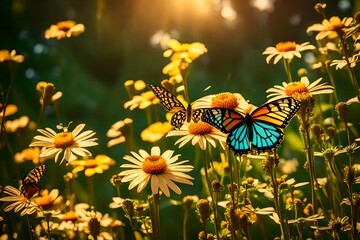 Butterfly on flower of cornflower.