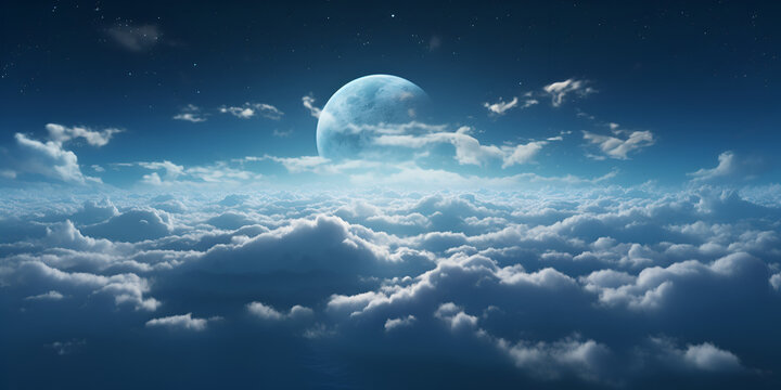 Flying over deep night clouds with moonlight,backgrounds night sky with stars and moon and clouds, Moonlight Over Night Cloudscape
