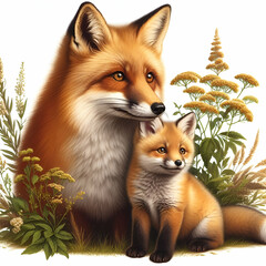 Fototapeta premium Red fox vulpes and baby fox isolated on white background 