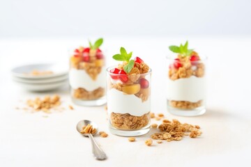 mini greek yogurt parfaits with granola and pomegranate in shot glasses