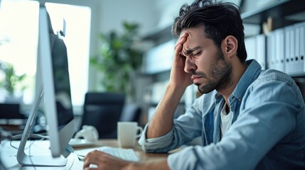 The man in front of the computer has a headache, AI generated Image