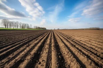 Fototapeta na wymiar Ploughed dark ground. Neatly plowed and smooth lines giant and tall trees. Generate AI
