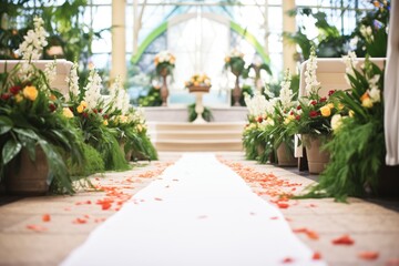 aisle runner leading to an altar with potted plants and petals - obrazy, fototapety, plakaty
