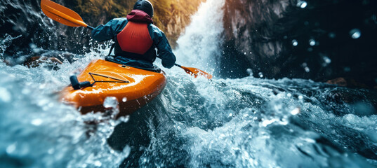 Paddling a kayak through rapids in mountain waterfall. - obrazy, fototapety, plakaty