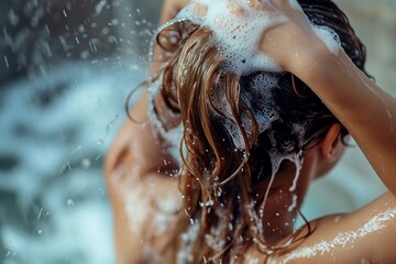 Young woman washes her hair with shampoo and hands with foam closeup