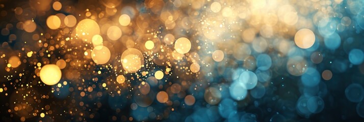 Background of abstract glitter lights. Blue, gold and black. Abstract bokeh banner