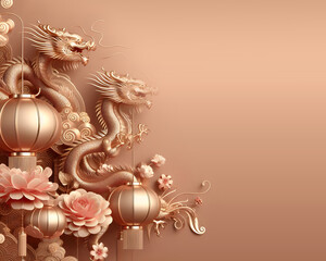 chinese decorations with dragon and lantern on rose gold background, chinese new year mockup	