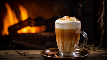 smoked butterscotch latte in a rustic lodge-style cafe with fireplace