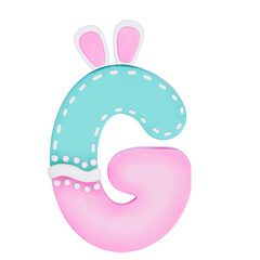 Easter bunny holiday alphabet G with cute decoration on transparent background , 3D Rendering