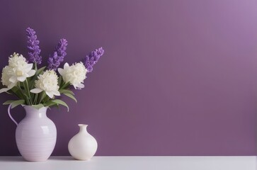 spring flowers with vase of fresh bouquet of wildflowers with a simple light pastel background and empty space.
