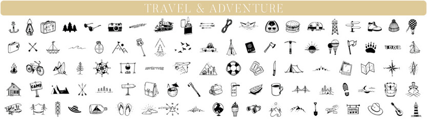 Adventure handdrawn elements, Travel drawings, Illustrations, Travelling, tourism designs, clipart, tattoo - obrazy, fototapety, plakaty