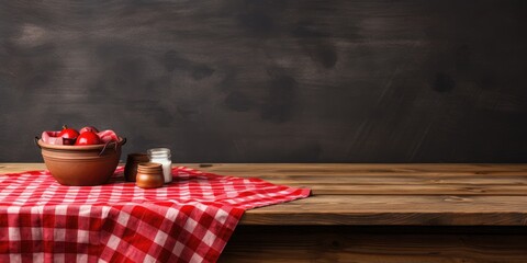 Mock kitchen interior design with rustic wall background, featuring red checked tablecloth and wooden log on table.