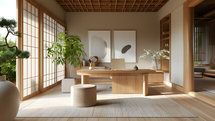 office room with the Japandi style. From minimalist designs to natural materials