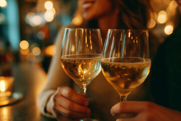 Two wine glasses with golden wine toast in a bar or restaurant with romantic evening golden light