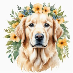 Watercolor cream golden retriever dog with floral wreath on head