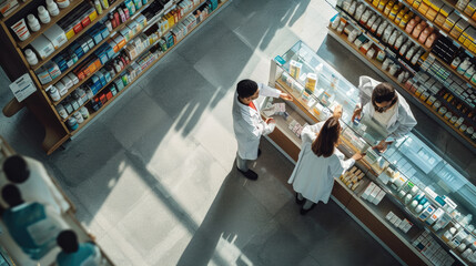 Modern pharmacy interior with pharmacists engaged in various tasks such as filling prescriptions and organizing medications. - obrazy, fototapety, plakaty