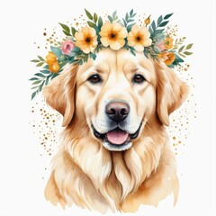 Watercolor cream golden retriever dog with floral wreath on head