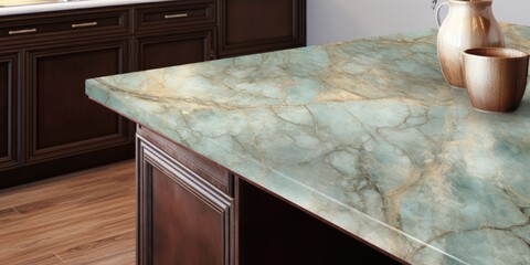 Kitchen counter top featuring a unique aqua green printed marble slab, with a metallic tile pattern...