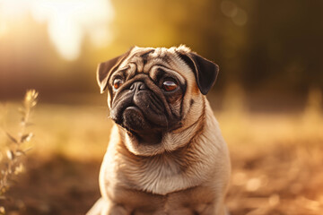 Cute little pug puppy on a beautiful green meadow looking happily at the camera. Cute dog is breathing heavily with his tongue hanging out. Good friend. A dog with a funny face. Summer sunset light - obrazy, fototapety, plakaty