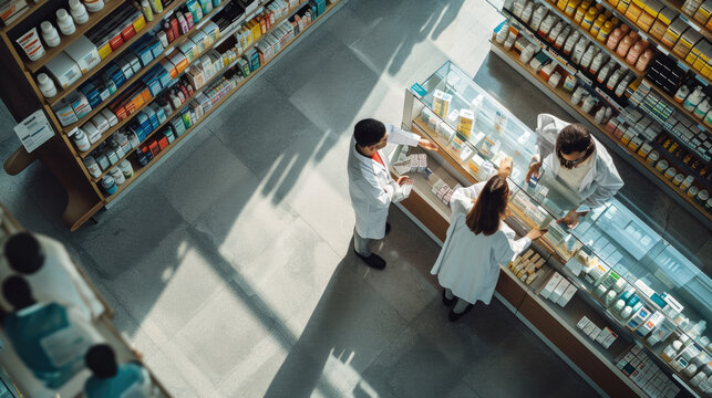 Modern pharmacy interior with pharmacists engaged in various tasks such as filling prescriptions and organizing medications.