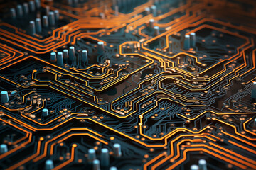 Abstract circuit board orange and blue background.