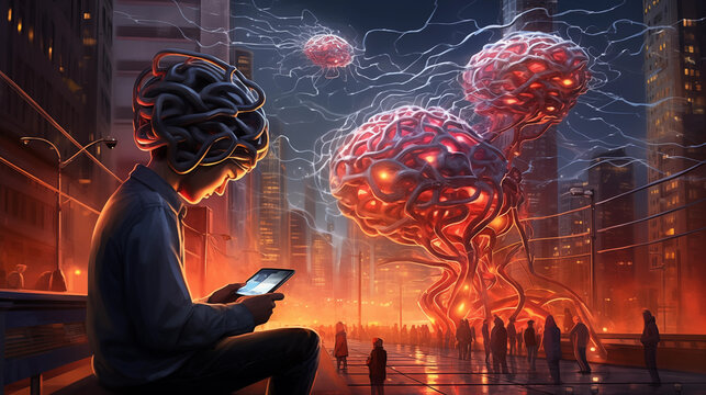 Abstract art of woman on a smart phone with a galactic brain sporangia in the city in the background