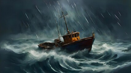 A digital painting of a fishing boat in rough seas  - obrazy, fototapety, plakaty