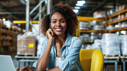 Smiling woman is sitting in an warehouse environment, talking on a phone and looking at a laptop screen.