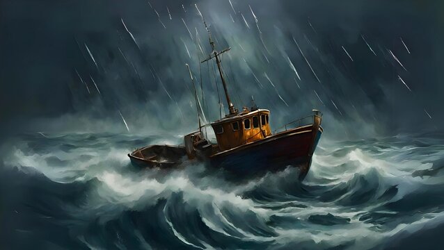 A digital painting of a fishing boat in rough seas 