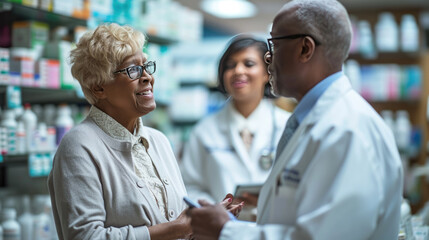 Pharmacist in a white coat and glasses having a consultation with a female patient in a pharmacy, holding a digital tablet and discussing her medical needs.