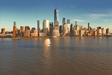 New York City skyline from Jersey over the Hudson River with the skyscrapers. Manhattan, Midtown,...