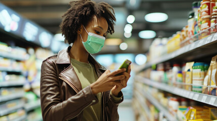 Woman wearing a surgical mask while using her smartphone in a grocery store aisle.