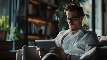 Obraz premium A young caucasian businessman sitting in the living room looking to digital tablet 