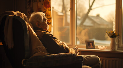 Fototapeta na wymiar A senior elderly man look outside through the window at the sunset