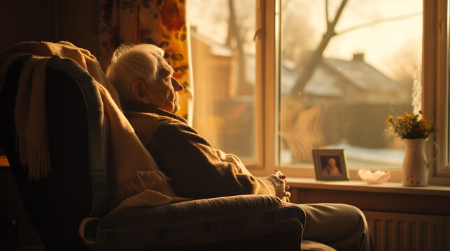 A senior elderly man look outside through the window at the sunset