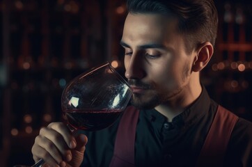 Male sommelier pouring flavor. Professional and young men tastes drink. Generate AI