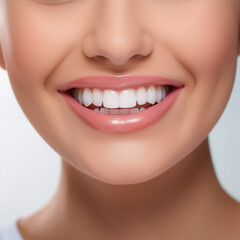 Idealny uśmiech zdrowych zębów młodej kobiety. Wybielanie zębów. Pacjentka kliniki stomatologicznej. Stomatologia. Białe tło. Ujęcie samej jamy ustnej