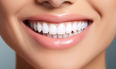 Idealny uśmiech zdrowych zębów młodej kobiety. Wybielanie zębów. Pacjentka kliniki stomatologicznej. Stomatologia. Białe tło. Ujęcie samej jamy ustnej - obrazy, fototapety, plakaty