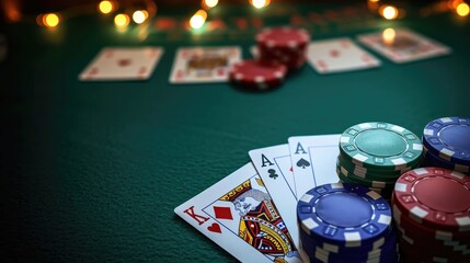 A pair of aces, a king and a stack of chips on a green casino table. AI generated.