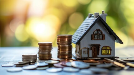 Miniature model of a two-story house with coins. Investments in real estate. AI generated.